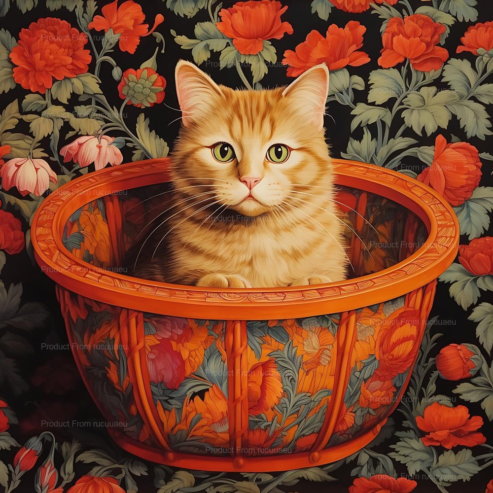 12x16 inch Cat in Basket with Flowers DIY Diamond Painting Kits for Adults - Cute Cat Diamond Painting Kits,Full Drill Crystal Rhinestone Embroidery Craft Kits for Home Decor Gifts