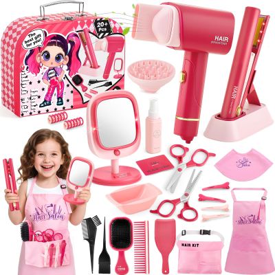 TUZT Hair Salon Toys for Girls, Little Stylist Deluxe Carry Case Play Set with Real Function Lights & Sounds, Electric Makeup Mirror, Flat Iron and Hairdryer, Birthday Gifts for Kids Girls 3 4 5 6+