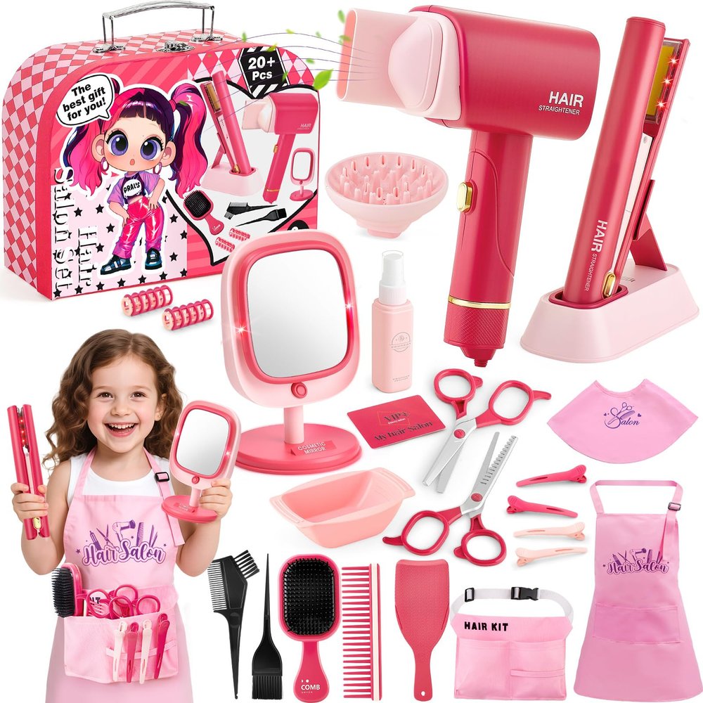 TUZT Hair Salon Toys for Girls, Little Stylist Deluxe Carry Case Play Set with Real Function Lights & Sounds, Electric Makeup Mirror, Flat Iron and Hairdryer, Birthday Gifts for Kids Girls 3 4 5 6+
