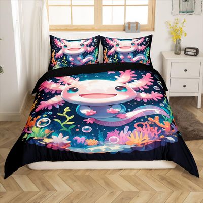 jejeloiu Axolotl Bedding Set Toddler Size Cute Comforter Cover Set for Boys Girls Teens Kawaii Ocean Sealife Duvet Cover Black and Pink,No Comforter