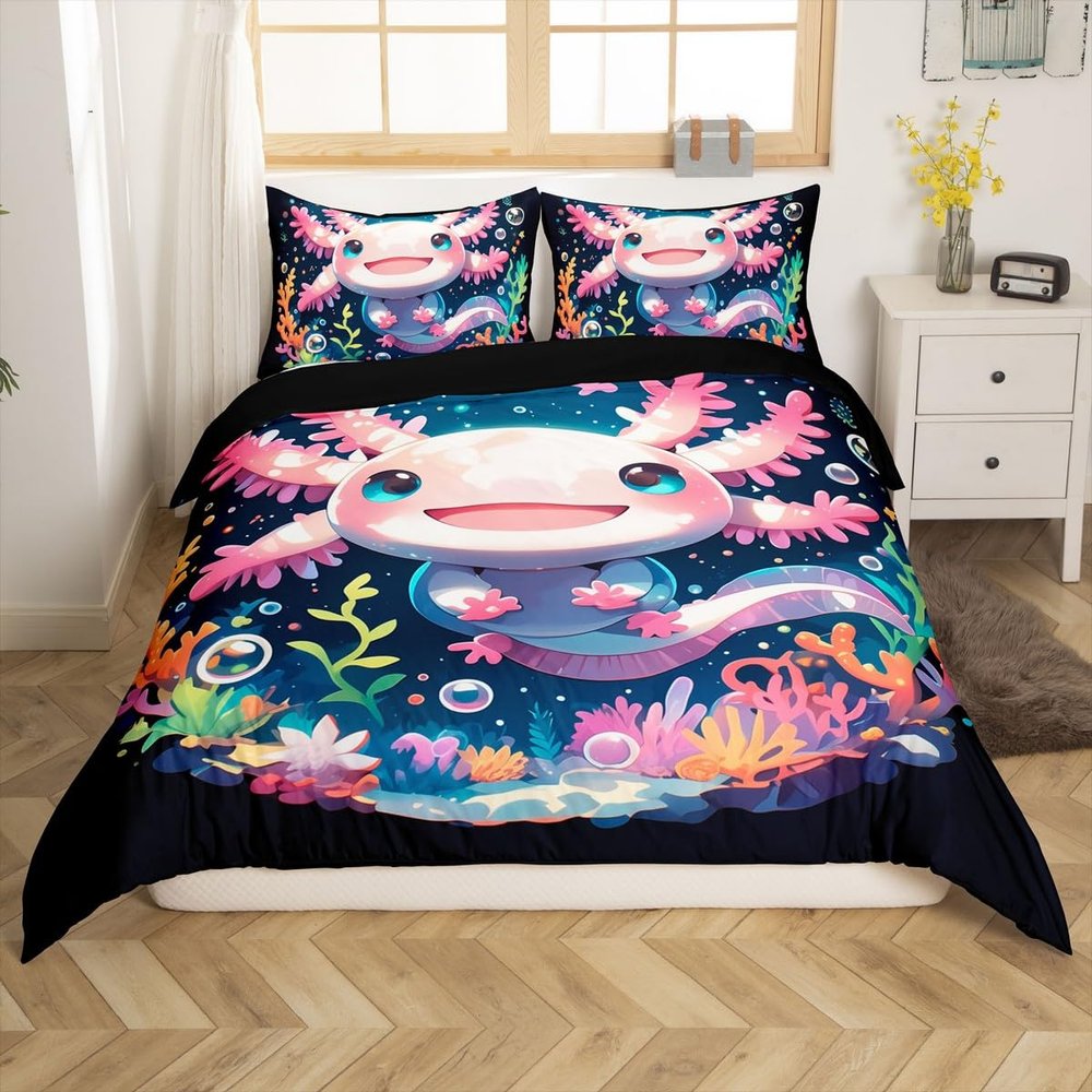 jejeloiu Axolotl Bedding Set Toddler Size Cute Comforter Cover Set for Boys Girls Teens Kawaii Ocean Sealife Duvet Cover Black and Pink,No Comforter