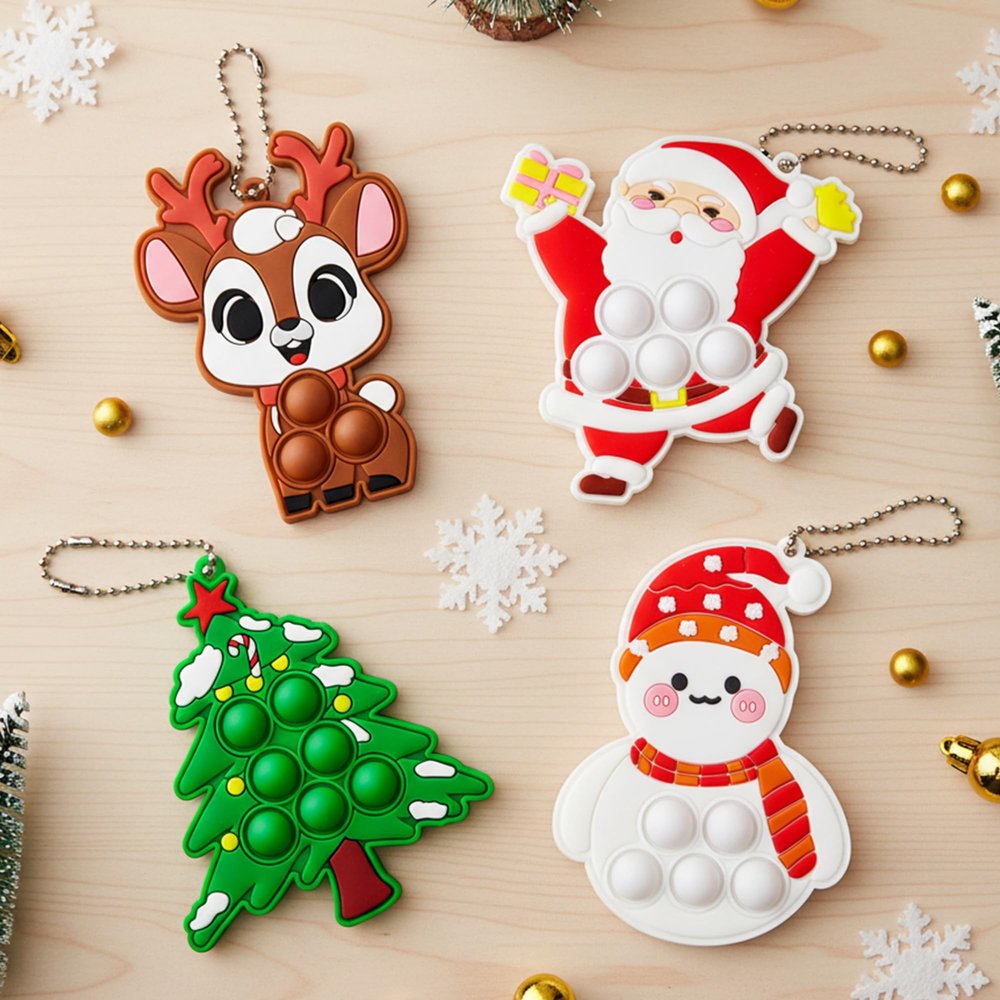 4 PCS Christmas Pop Keychain Toys,Kids Toddler Small Gifts Packs Fidget Sensory Toy for Backpack Christmas Decoration,Classroom Prize Stocking Stuffers Party Favors Goody Bags Accessories Sets