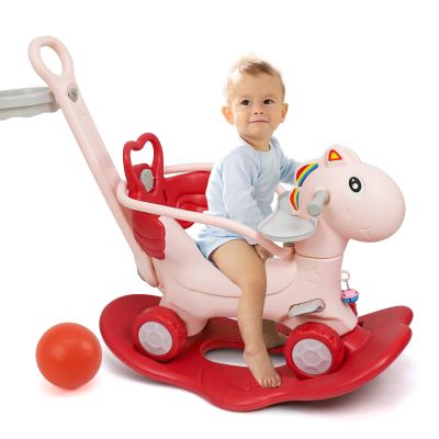4 in 1 Rocking Horse Ages 1-3, Baby Rocking Toy Gift for Toddlers 1-3 Years Old, Balance Bike Ride On Toys with Push Handle, Backrest and Balance Board for Girl and Boy, Kids Riding Birthday (Pink)