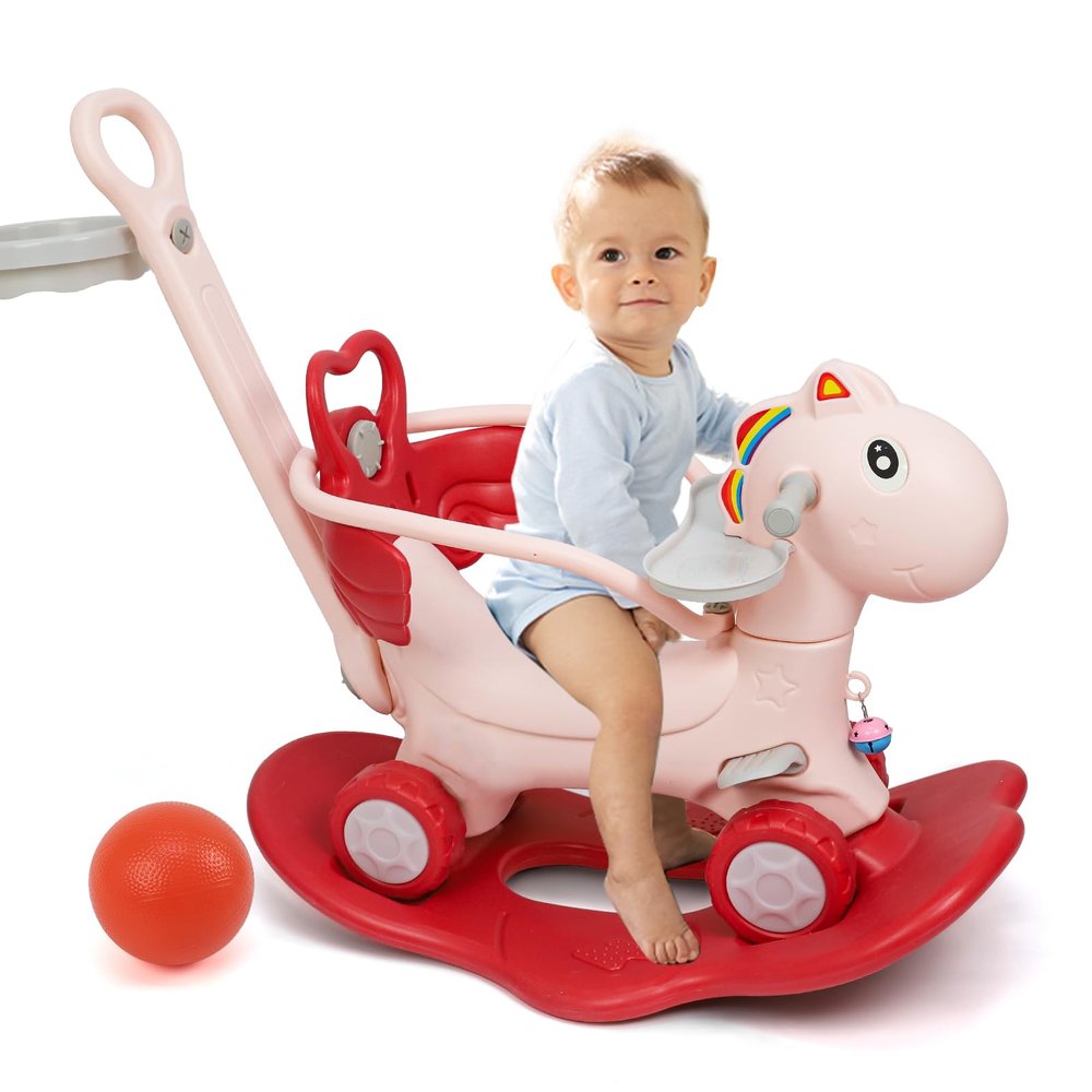 4 in 1 Rocking Horse Ages 1-3, Baby Rocking Toy Gift for Toddlers 1-3 Years Old, Balance Bike Ride On Toys with Push Handle, Backrest and Balance Board for Girl and Boy, Kids Riding Birthday (Pink)