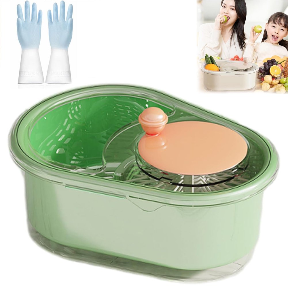 Fruit Cleaner Spinner - Portable Fruit Cleaner Bowl, Fruit Washer Spinner Bowl with Lid, Fruit and Vegetable Spinner Cleaner Bowl (Green)