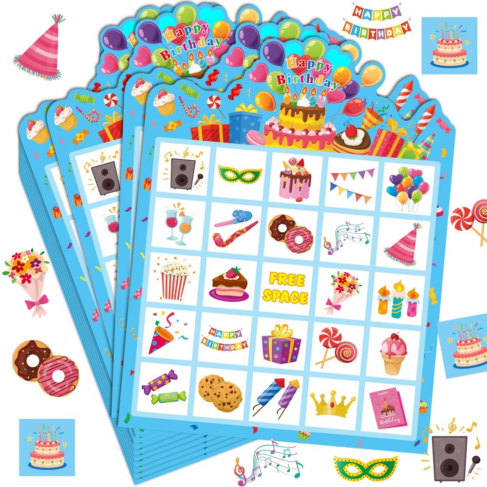 Blosssound 24 Players Birthday Bingo Games Happy Birth Day Bingo Cards for Adults Fun Birthday Party Game Family Activities Party Favors for Family Large Group Classroom