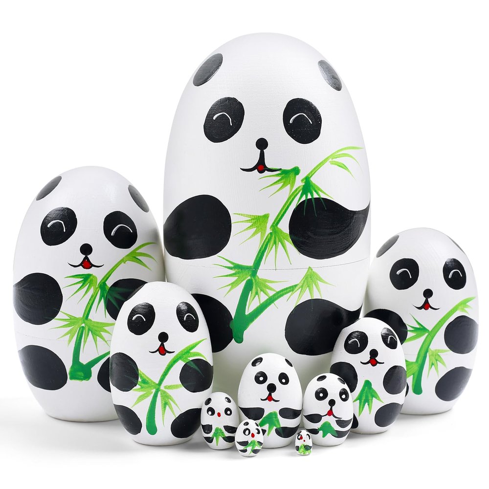 NEPOG Cute Panda Nesting Dolls, Panda Bears Egg Shape Wooden Handmade Nesting Dolls Set 10 Pieces for Kids Boys Girls Birthday Home Room Decoration