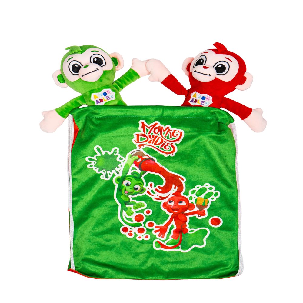 A FOR ADLEY Official Merch Monkey Buddies, A Colorful Monkey Duo Ready to Be Your Favorite Stuffed Animal Friends. Comes with Carrying Bag. (Red and Green)