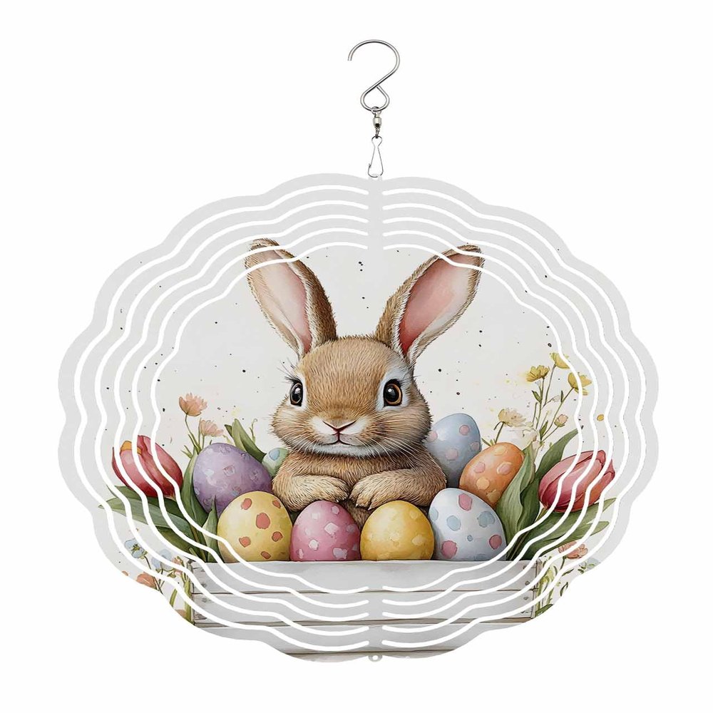 Metal Wind Spinner Bunny Easter Egg Flower Animal Garden Wind Spinner Outdoor Decorations Hanging for Yard Patio 3D Wind Sculptures 8 inch