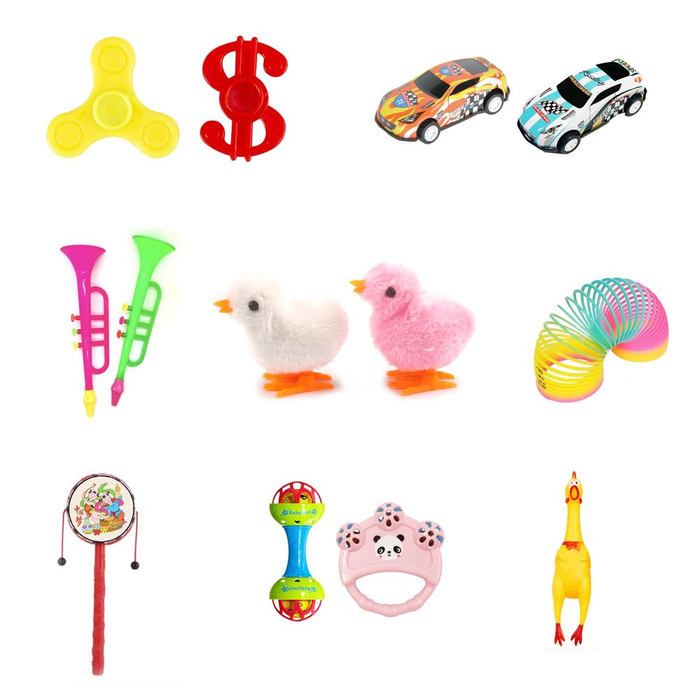 13PCS Toys Under Gift Pack Mini Car Fingertip Gyro Spinning Trumpet Spring Chick Rainbow Plastic Spring Shaking Drum Hand Shaking Ling Pinch Barking Yellow Chicken