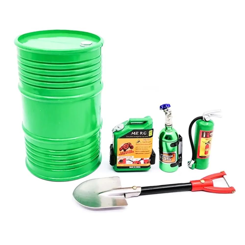 MIVHQYBU 5pcs Metal Oil Drum Fuel Tank Nitrogen Tank Shovel Fire Extinguisher Set Compatible with 1:10 RC Rock Crawler Compatible with Various Models(Green)
