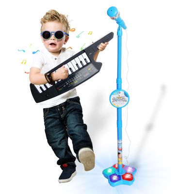 Kids Karaoke Machine with Adjustable Microphone Stand for Kids Standing Mic,Flashing Light Base,Piano Keyboard 14 Keys,Portable Keyboard Keytar Birthday Gifts for Age 3-6 Boy Girls (Blue)