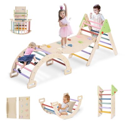 JOYTRY 5 in 1 Wooden Pikler Triangle Set, Foldable Indoor Toddler Climbing Toys, Montessori Climbing Set for Children with Arch, Ramp, Ladder, Jungle Gyms for Kids, Baby Sensory Toys