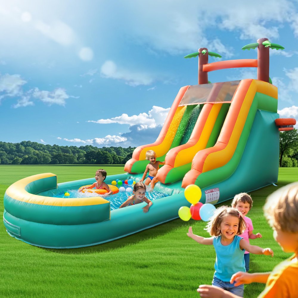26.4FT Extra Inflatable Water Silde Swimming Pool for Kids Adults, Heavy Duty 100% PVC Water Slide with Big Airtight Water Pool, Double Water Slides with 1100W Blower, Basketball Hoop