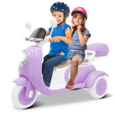 Letsgokid 12V Kids Electric Motorcycle, 3 Wheel 2 Seater Ride on Motorcycle with 2.4G Parental Remote Control, Music, Horn, Light, Big Storage Box, Dual Motor Electric Motorcycle for Kids 3-8, Purple