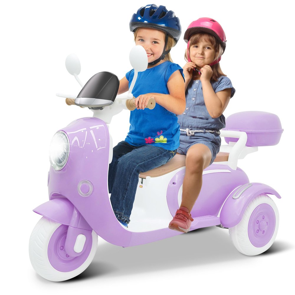 Letsgokid 12V Kids Electric Motorcycle, 3 Wheel 2 Seater Ride on Motorcycle with 2.4G Parental Remote Control, Music, Horn, Light, Big Storage Box, Dual Motor Electric Motorcycle for Kids 3-8, Purple