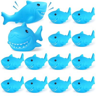 12 PCS Rubber Sharks, Blue Shark Floating Bath Toys, Cute Squeezable and Squeak Sharks for Baby Shower Pool Birthday Party Favors Cake Decoration Classroom Prizes