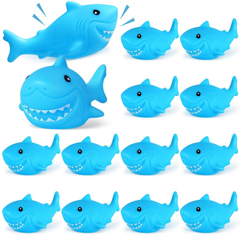 12 PCS Rubber Sharks, Blue Shark Floating Bath Toys, Cute Squeezable and Squeak Sharks for Baby Shower Pool Birthday Party Favors Cake Decoration Classroom Prizes