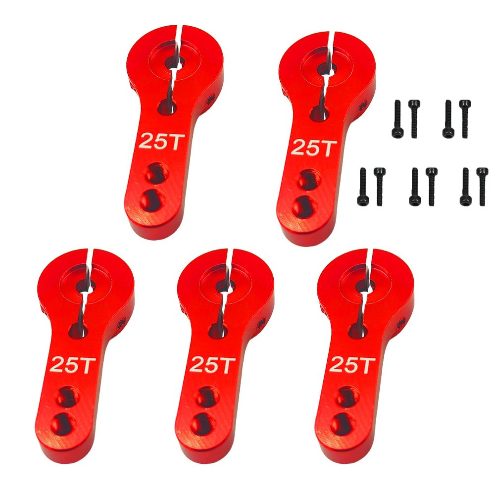 5Pcs 25T Aluminum Servo Horns M3 Threads Metal Steering Arm 25T Steering Arm for RC Car Truck Buggy Airplane(Red)
