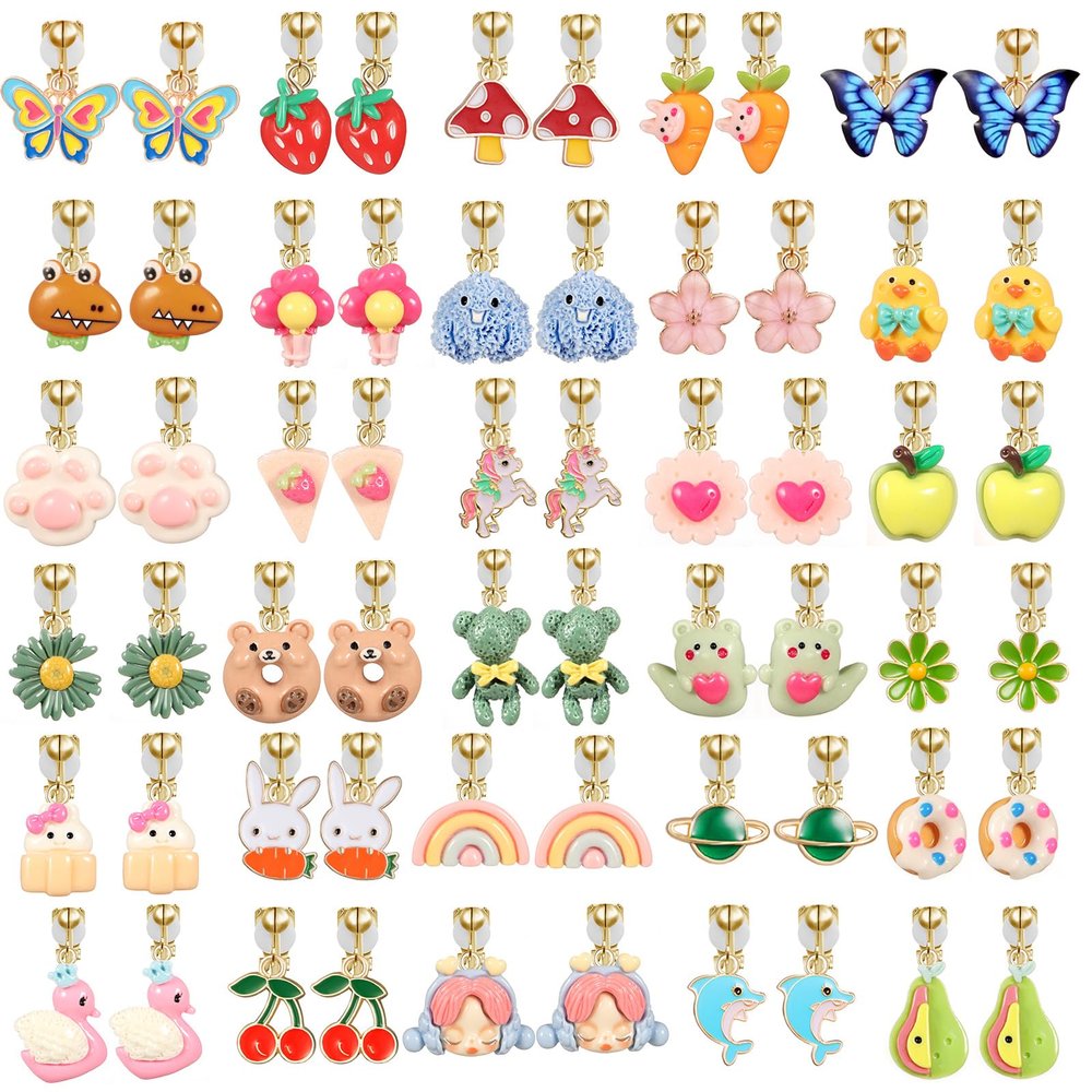 30 Pairs Cartoon Clip On Earrings for Girls, Adjustable Non-Piercing Ear Clips, Lightweight Plastic Animal/Flower/Fruit Designs (Butterfly, Strawberry, Dolphin) for Kids Teens Daily Wear Gift