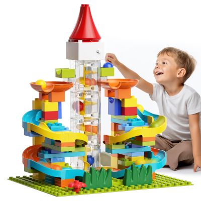 burgkidz Electric Marble Run with Automatic Elevator Lift - STEM Building Toy for Kids Ages 4-8, 102 PCS Construction Set with 10 Marbles & Transparent Track, Compatible with Standard Building Blocks
