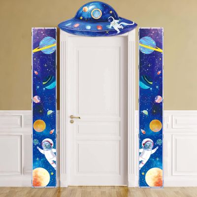 3Pcs Outer Space Porch Sign Banner Astronaut Rocket Theme Party Decorations Space Hanging Door Banner Planet Door Decoration Space Party Decor for Classroom Bedroom