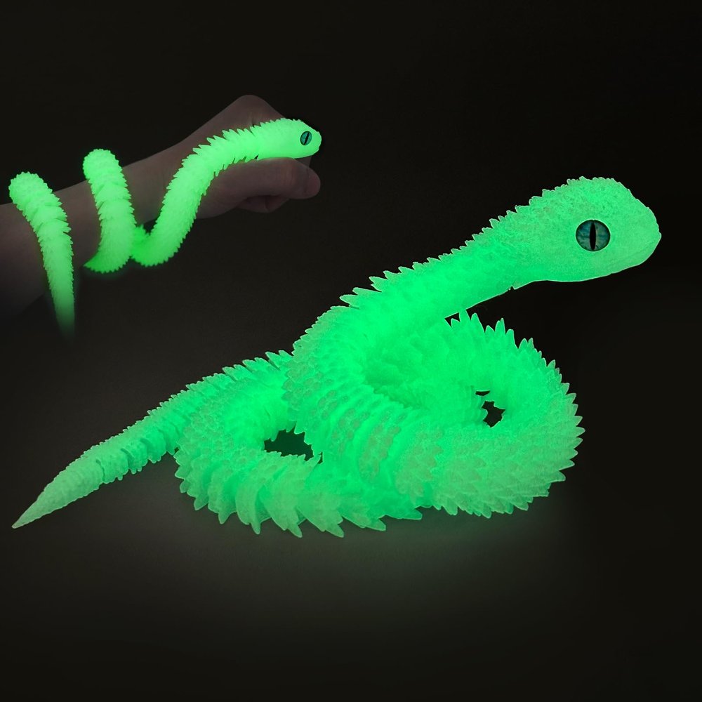 3D Printed Snake Animals Toys, Articulated Flexible 3D Printed Viper Fidget Toy, Realistic Slithering Design, Home Office Executive Desk Decor (Green Glow, 24 in)