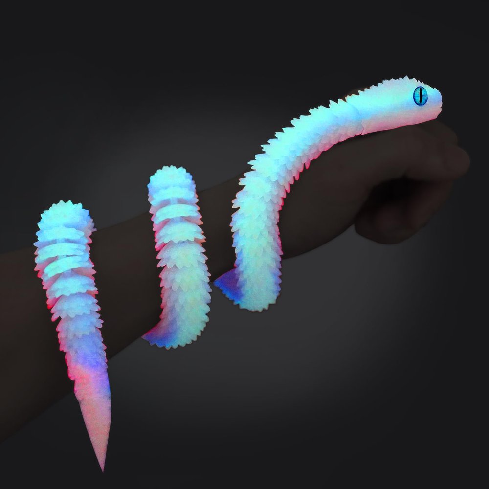 3D Printed Snake Animals Toys, Articulated Flexible 3D Printed Viper Fidget Toy, Realistic Slithering Design, Home Office Executive Desk Decor (Rainbow Glow, 18 in)