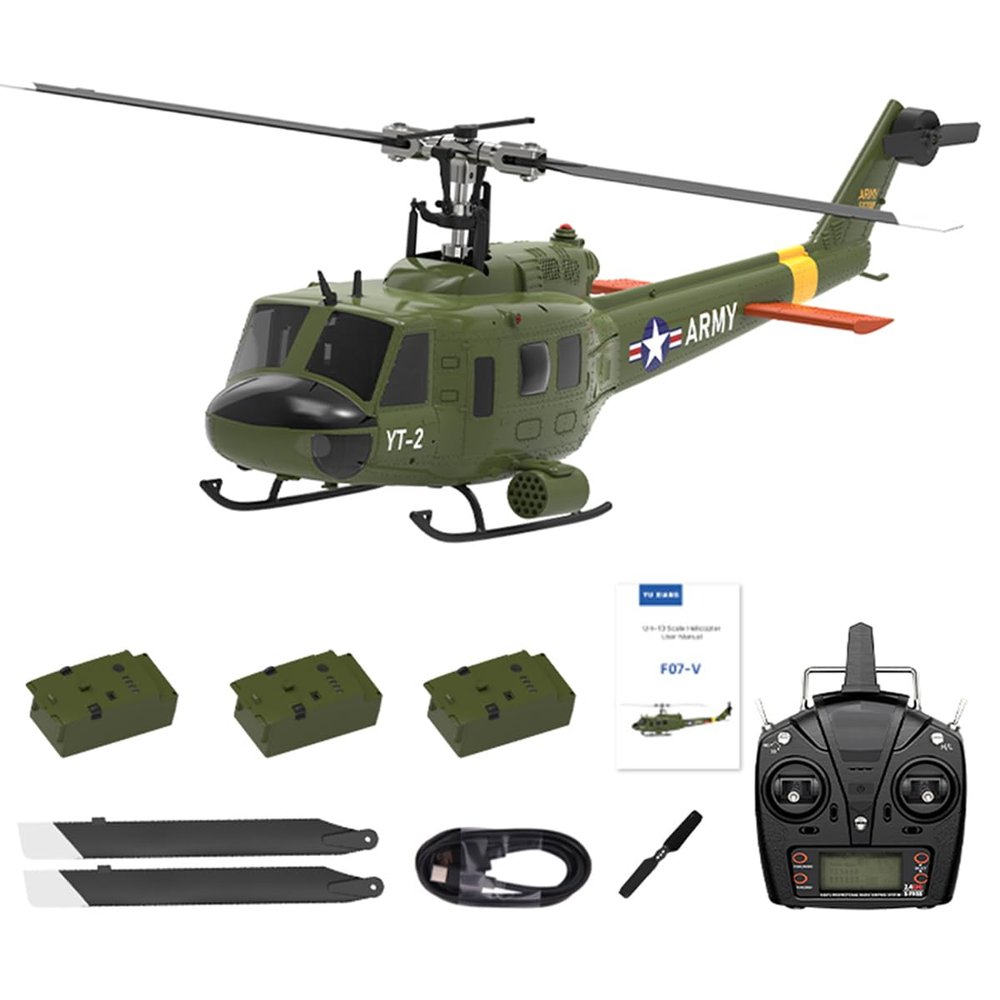 BrickCraftWorks 1/34 Scale F07-V UH-1 Huey 2.4G 6CH Brushless Direct-Drive Flybarless Stunt RC Helicopter Model with Optical Flow Positioning Switchable Mode (RTF Version)