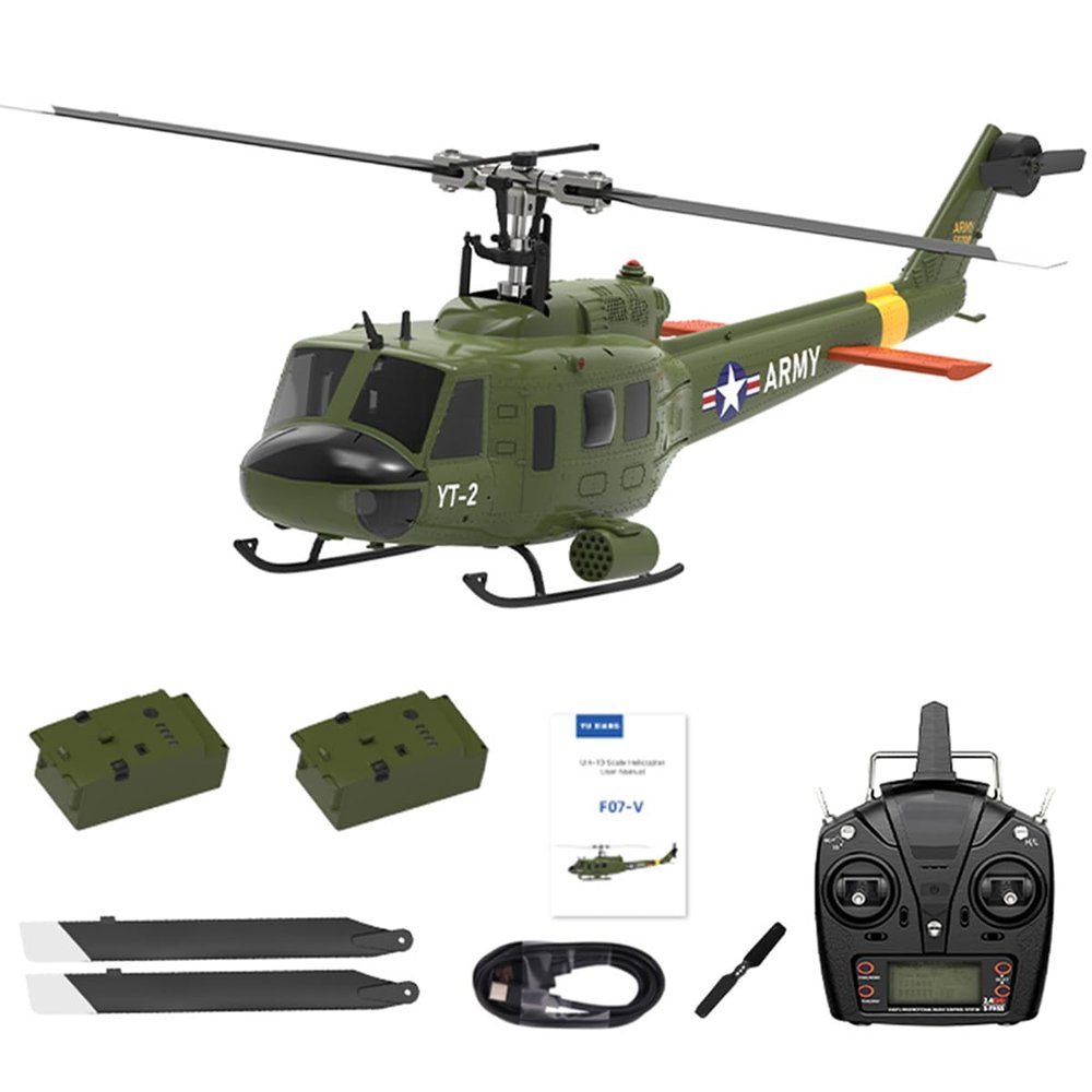 BrickCraftWorks 1/34 Scale F07-V UH-1 Huey 2.4G 6CH Brushless Direct-Drive Flybarless Stunt RC Helicopter Model with Optical Flow Positioning Switchable Mode (RTF Version)