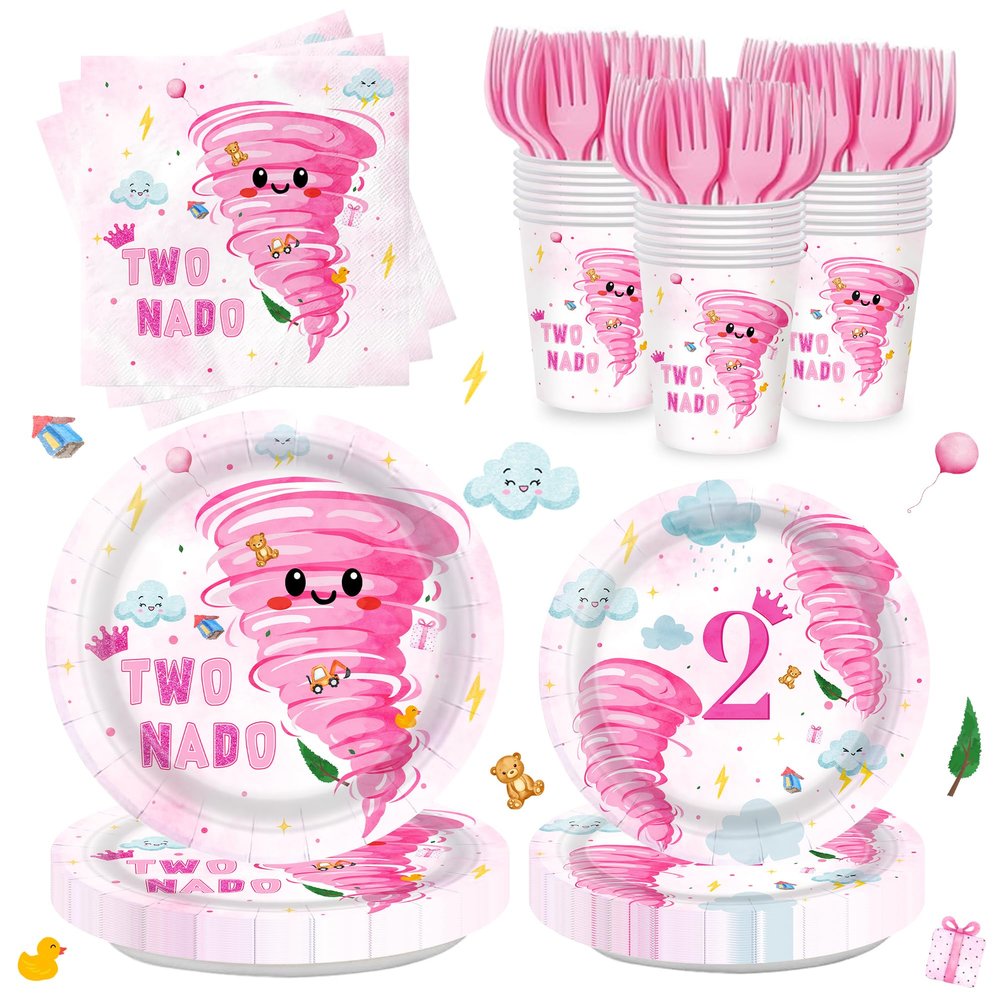 120Pcs Tornado Plates Napkins Two Nado Party Supplies Girls 2nd Birthday Tableware Set Two Years Olds Disposable Paper Dinnerware Serves 24