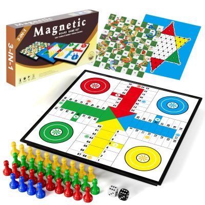 3 in 1 Magnetic Board Games Set for Kids Adults - Classic Travel Game Set with Chinese Checkers, Ludo, Snakes and Ladders, Educational Family Strategy Game with Folding 12.4 Inches Board & Piece