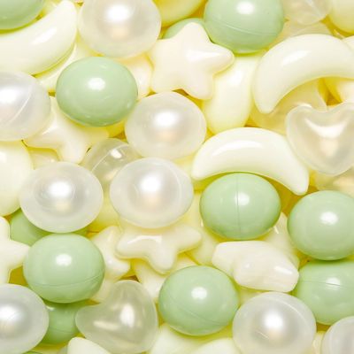 TRENDPLAY Ball Pit Balls for Toddlers, Star Heart Moon Shape 200 Pieces, Plastic Toy Balls for Boys Girls Kids Dogs,Green+ Beige+ Pearl White+ Clear