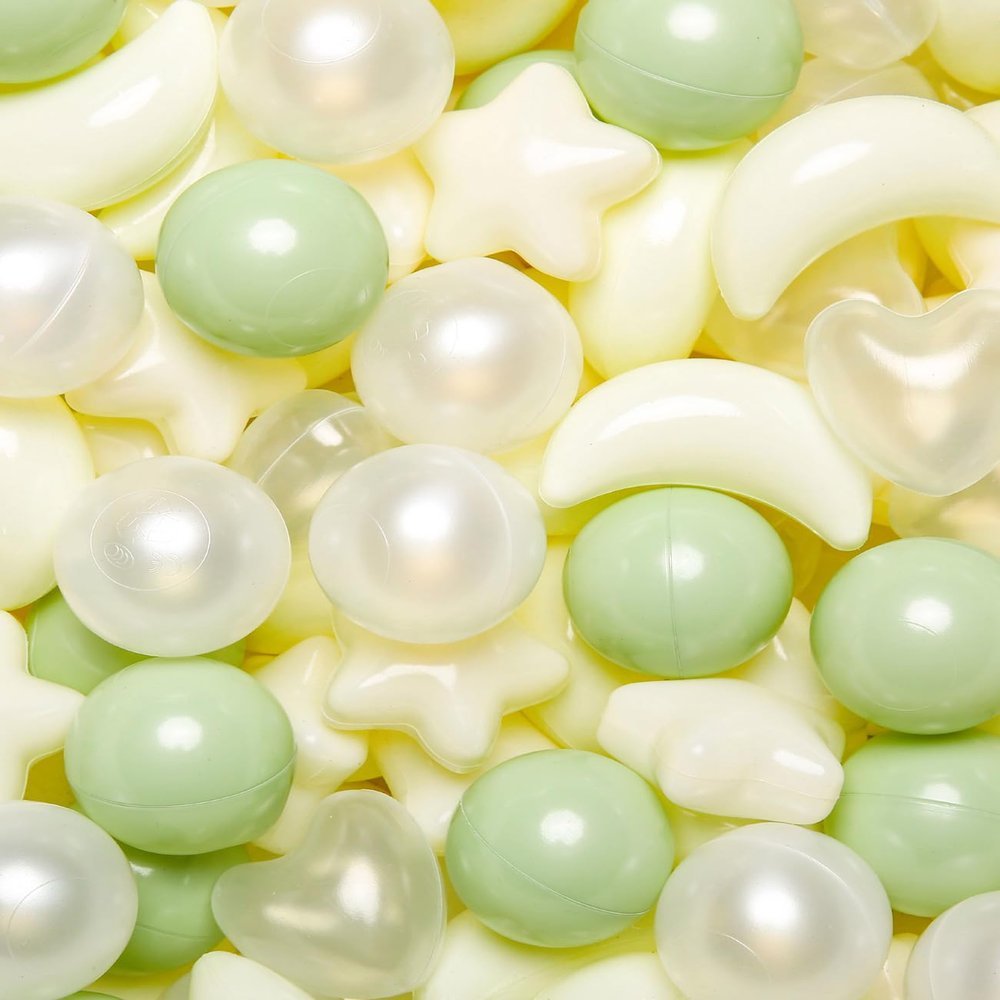 TRENDPLAY Ball Pit Balls for Toddlers, Star Heart Moon Shape 200 Pieces, Plastic Toy Balls for Boys Girls Kids Dogs,Green+ Beige+ Pearl White+ Clear