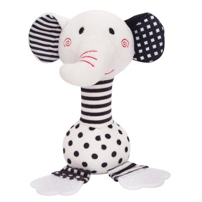 JINBOBUBU Black & White Elephant Baby Toys 0-12 Months - Plush Sensory Rattle with Teether, Wind Chime, BB Squeaker & Embroidery for Visual, Hearing & Cognitive Development