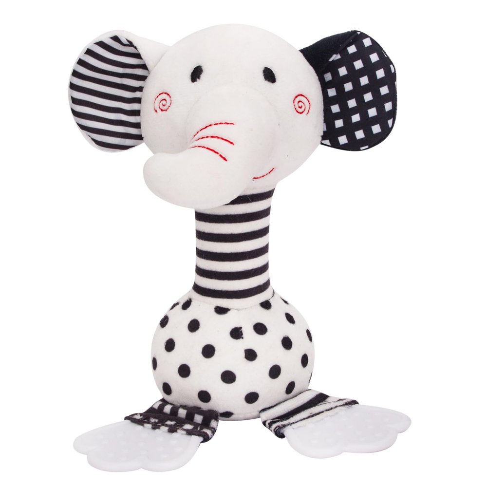 JINBOBUBU Black & White Elephant Baby Toys 0-12 Months - Plush Sensory Rattle with Teether, Wind Chime, BB Squeaker & Embroidery for Visual, Hearing & Cognitive Development
