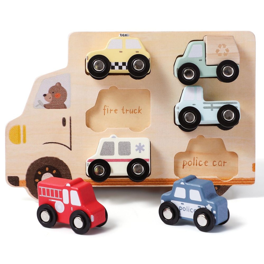 Wooden Cars Vehicle Set for Toddlers 1-3 Cars Toy for Toddlers Montessori Toys for 1+ Year Old Educational 1st Birthday Gifts