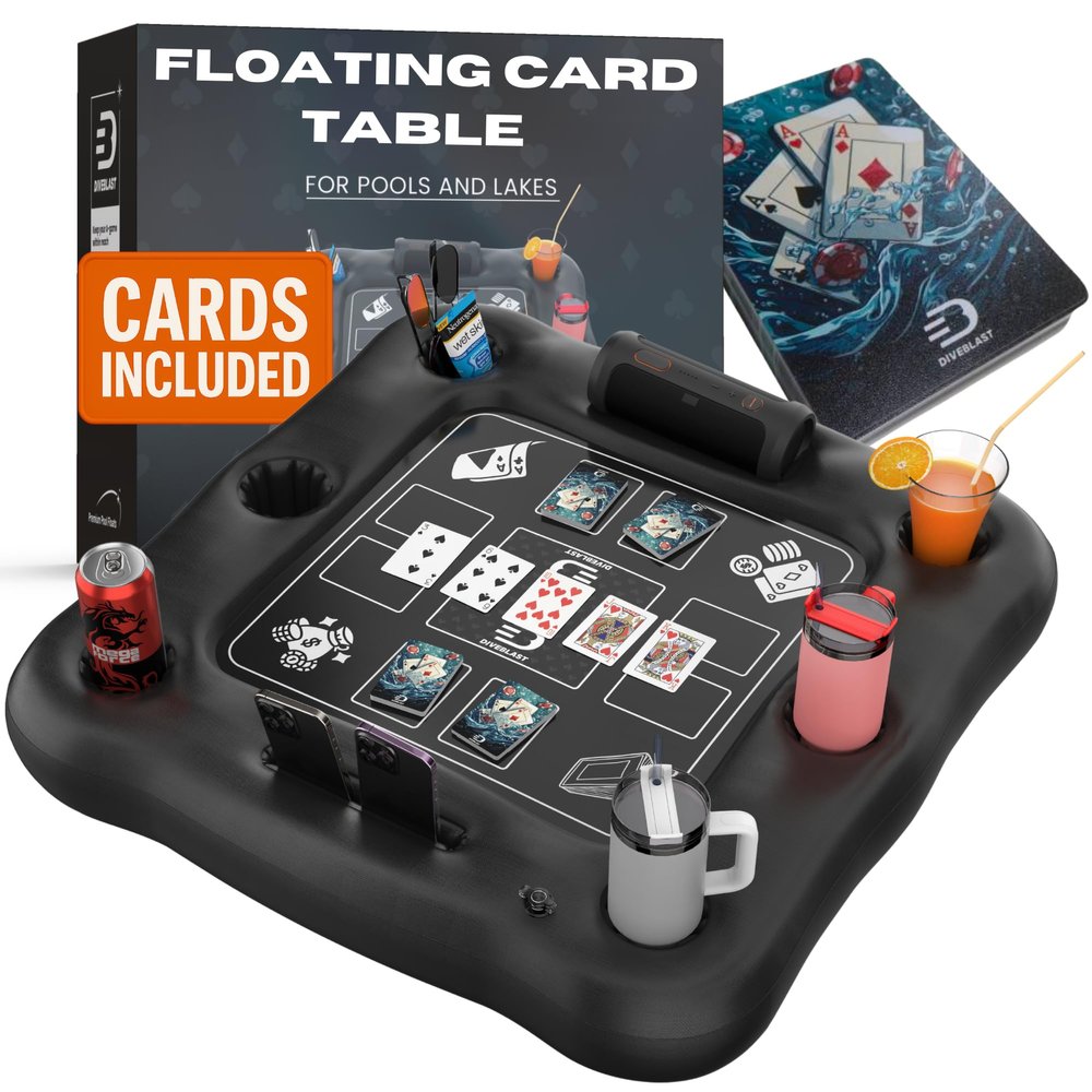 DIVEBLAST Floating Card Table for Pool with Waterproof Cards Floating Game Table for Pool - Holds Up to 50 LBS Premium Inflatable Floaties