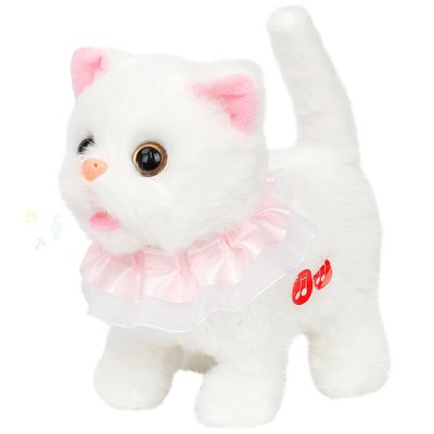 Easfan 7" Walking Plush Kitty Toy Stuffed Animal Electric Interactive with Dress Talking Musical Cute Plush Toy White Cat Tail Wagging Christmas Birthday Gifts for Kids Toddlers