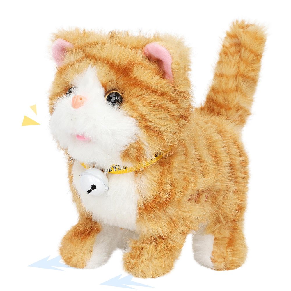 Easfan Walking Plush Kitty Toy Stuffed Animal Electric Interactive Talking Musical Plush Toy Grey Cat Leash Tail Wagging Christmas Birthday Gifts for Kids Toddlers,7"