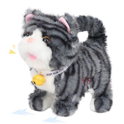 Easfan 7" Walking Plush Kitty Toy Stuffed Animal Electric Interactive Talking Musical Plush Toy Grey Cat Leash Tail Wagging Christmas Birthday Gifts for Kids Toddlers
