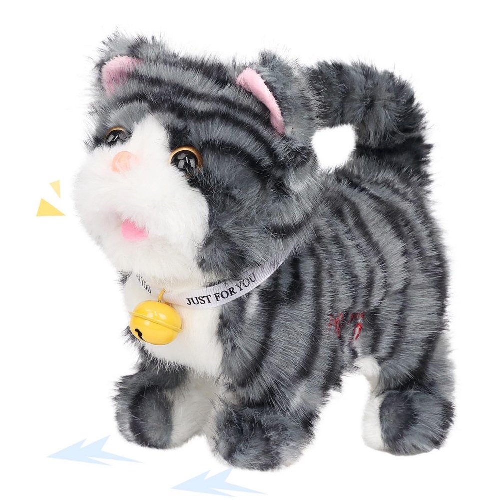 Easfan 7" Walking Plush Kitty Toy Stuffed Animal Electric Interactive Talking Musical Plush Toy Grey Cat Leash Tail Wagging Christmas Birthday Gifts for Kids Toddlers