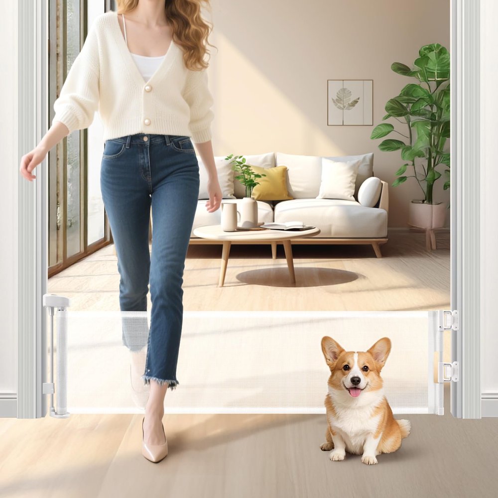 Short Dog Gate,14" Tall Retractable Baby Gate to Step Over, Puppy Mesh Pet Gates Doggy for Doorways Stairs, Extends up to 59" Wide for Kitchen Hallways Indoor,- NOT for Jumpers - Drilling Required