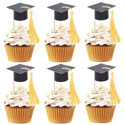 24 PCS 2026 Graduation Cap Cupcake Toppers with Gold Tassel Congrats Grad Class of 2026 Cupcake Picks Mini Cap Chocolate Graduation Decorations for 2026 School Graduate Party Cake Decoration Supplies