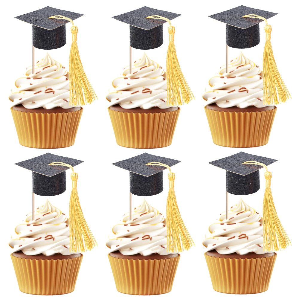 24 PCS 2026 Graduation Cap Cupcake Toppers with Gold Tassel Congrats Grad Class of 2026 Cupcake Picks Mini Cap Chocolate Graduation Decorations for 2026 School Graduate Party Cake Decoration Supplies