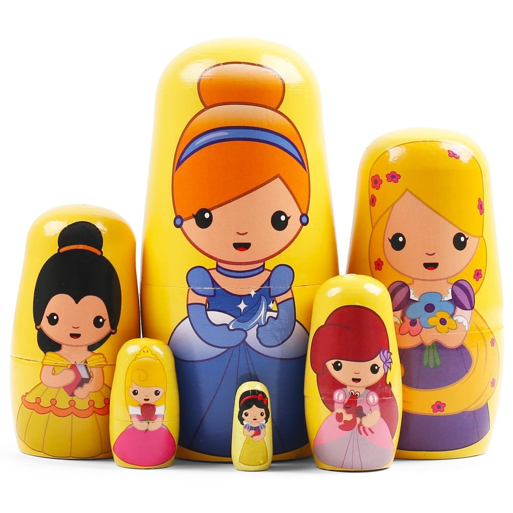 NEPOG Princess Nesting Dolls for Girls Kids, 6 Pcs Princess Girls with Dress Handmade Wooden Nesting Dolls Matryoshka Doll for Kids Birthday Home Decoration