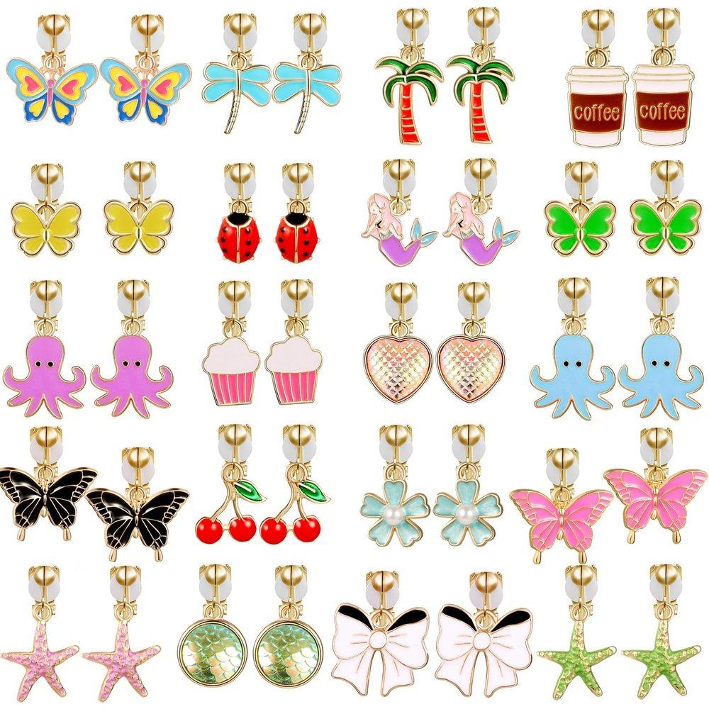 [SYNLIN] 20 Pairs Kids Clip on Earrings Set for Girls, Comfortable Non-Pierced Jewelry with Cute Butterfly Mermaid Heart Designs, Play Ear Clips for Toddlers Little Girls, Princess Dress Up Party Favors