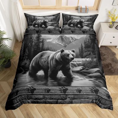 Bear Lodge Cabin Duvet Cover Set Toddler,Wild Animal Comforter Cover 2pcs for Boys Teens Youth,Jungle Nature Landscape Bedding Set 1 Pillowcase(No Comforter),Bear Footprint Bedding Quilt Cover