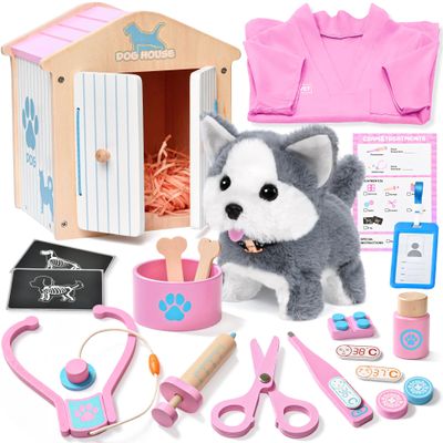 Lonico Doctor Kit for Toddlers 3-5, 22Pcs Wooden Veterinarian Playset Puppy Toys with Electronic Walking Barking Dog & Vet Costume, Kids Pretend Play Toys Birthday Gift for Girls 3 4 5 6 Years Old