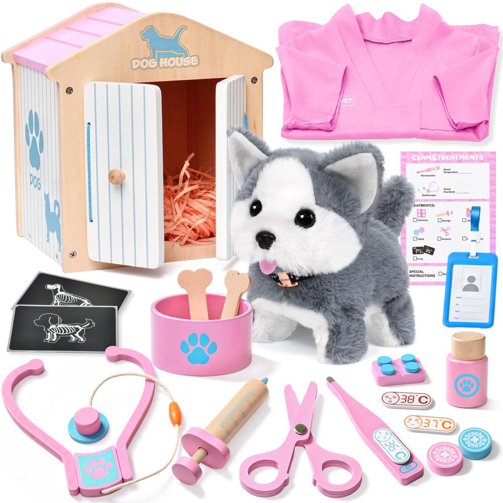 Lonico Doctor Kit for Toddlers 3-5, 22Pcs Wooden Veterinarian Playset Puppy Toys with Electronic Walking Barking Dog & Vet Costume, Kids Pretend Play Toys Birthday Gift for Girls 3 4 5 6 Years Old